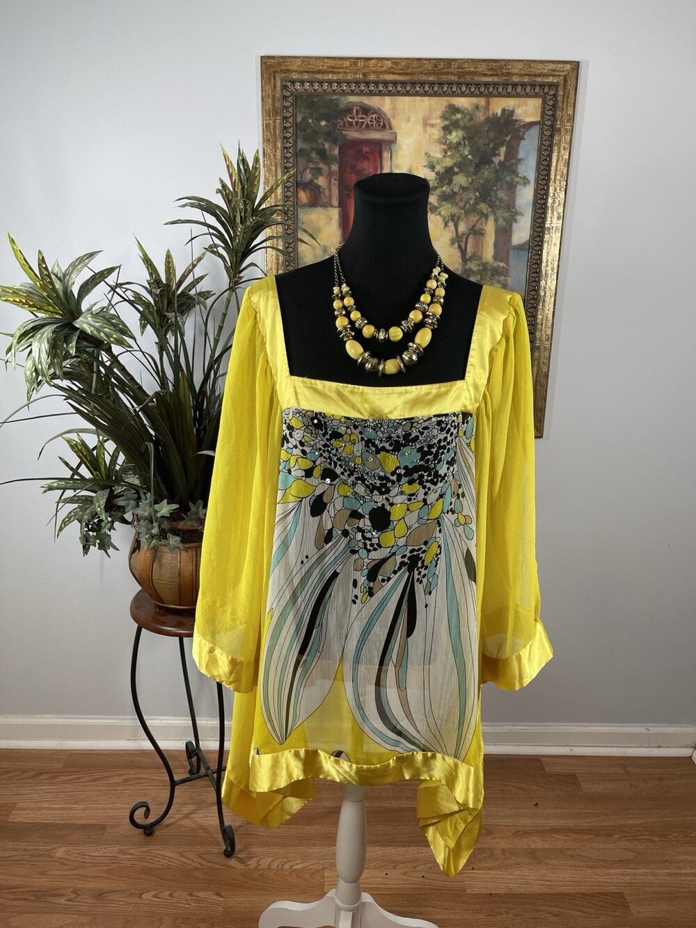 Dots Women’s 2X Yellow Floral Chiffon Tunic Blouse Boho Handkerchief Hem Top